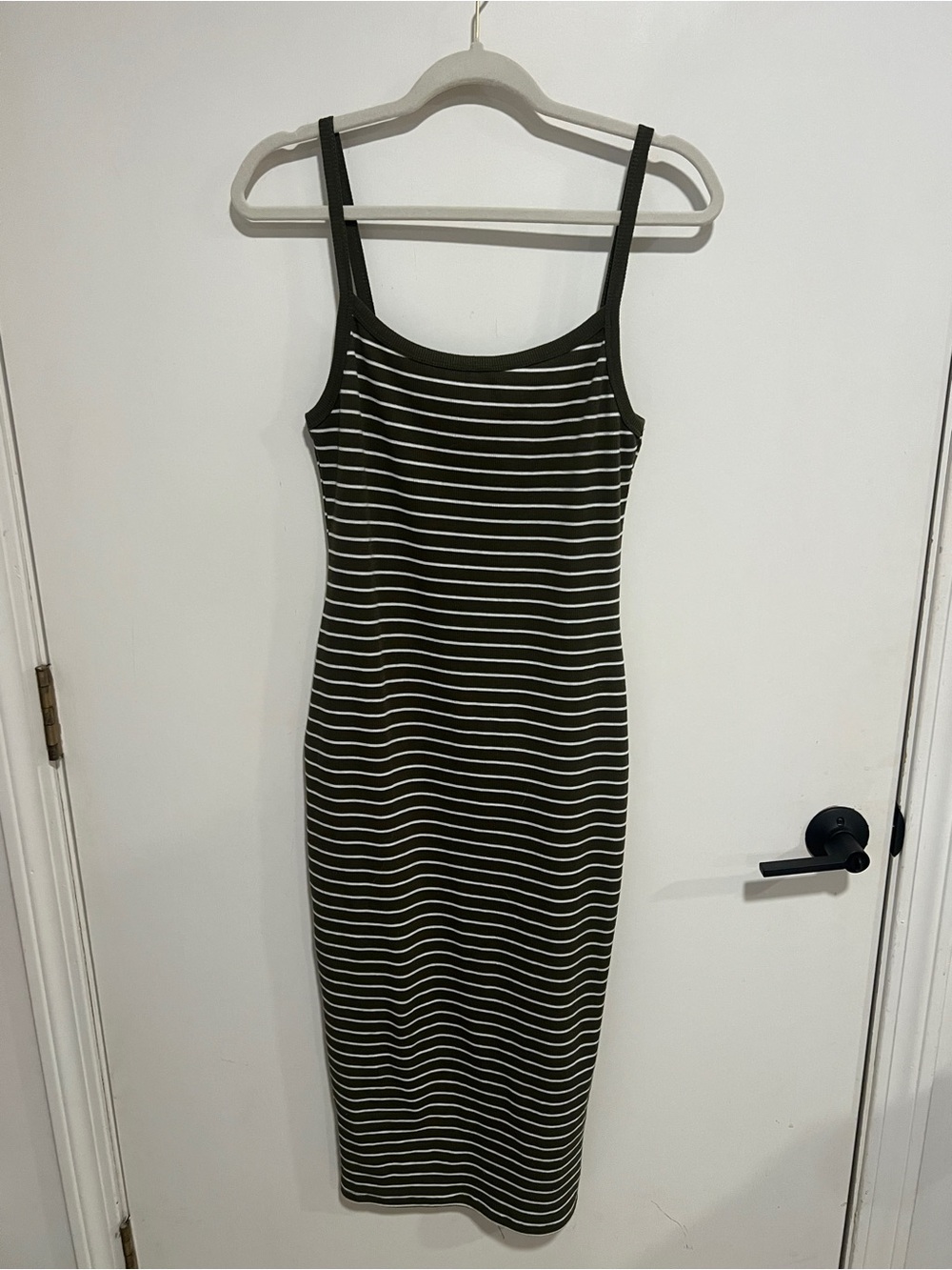 Active USA Olive Green and White Striped Tank Midi Dress